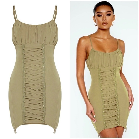 Pretty Little Thing Olive Khaki Green Ruched Lace Up Suspender Bodycon Dress 12 - Picture 1 of 6